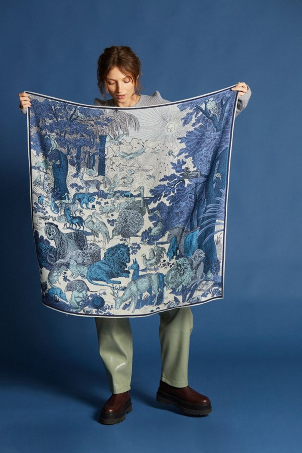 Fine Wool, Silk and Cashmere Large Square Scarf - Mythologie - Blue - Inoui Editions