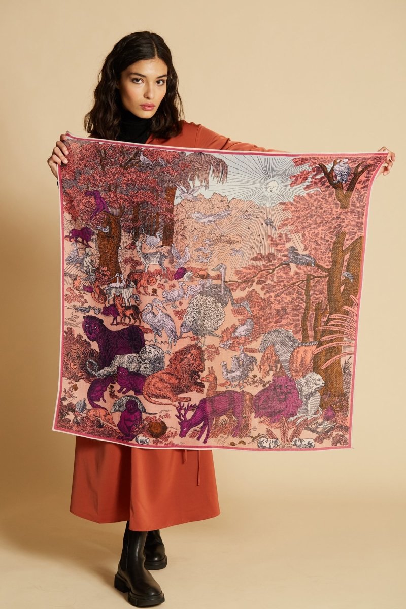Fine Wool, Silk and Cashmere Large Square Scarf - Mythologie - Pink - Inoui Editions