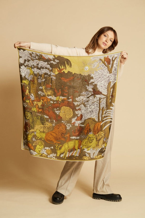 Fine Wool, Silk and Cashmere Large Square Scarf - Mythologie - Yellow - Inoui Editions