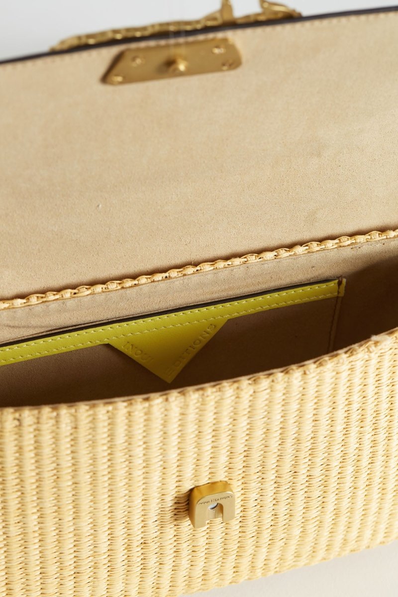 Leather and Raffia Baguette Bag - Nico - Yellow - Inoui Editions Europe