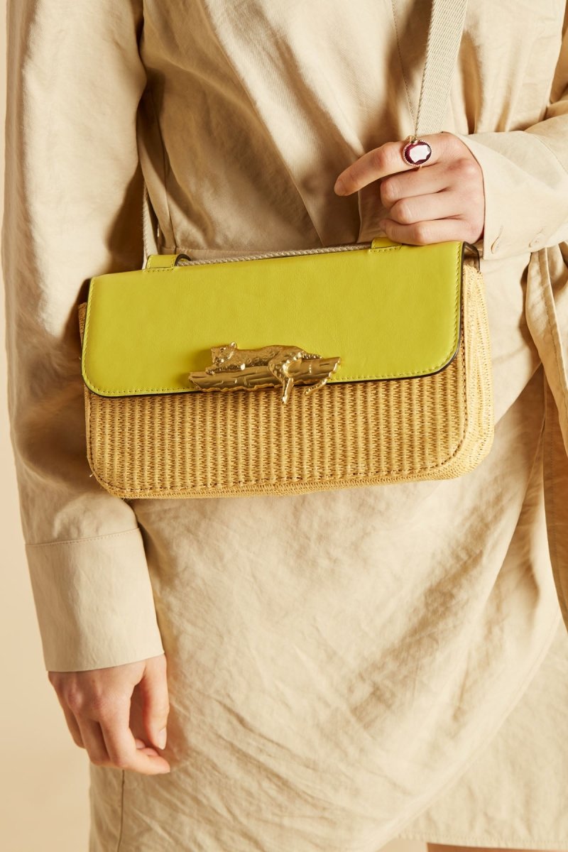Leather and Raffia Baguette Bag - Nico - Yellow - Inoui Editions Europe