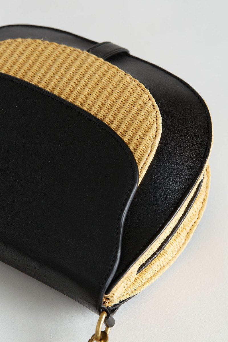 Leather and Raffia Large Besace - Black - Inoui Editions Europe