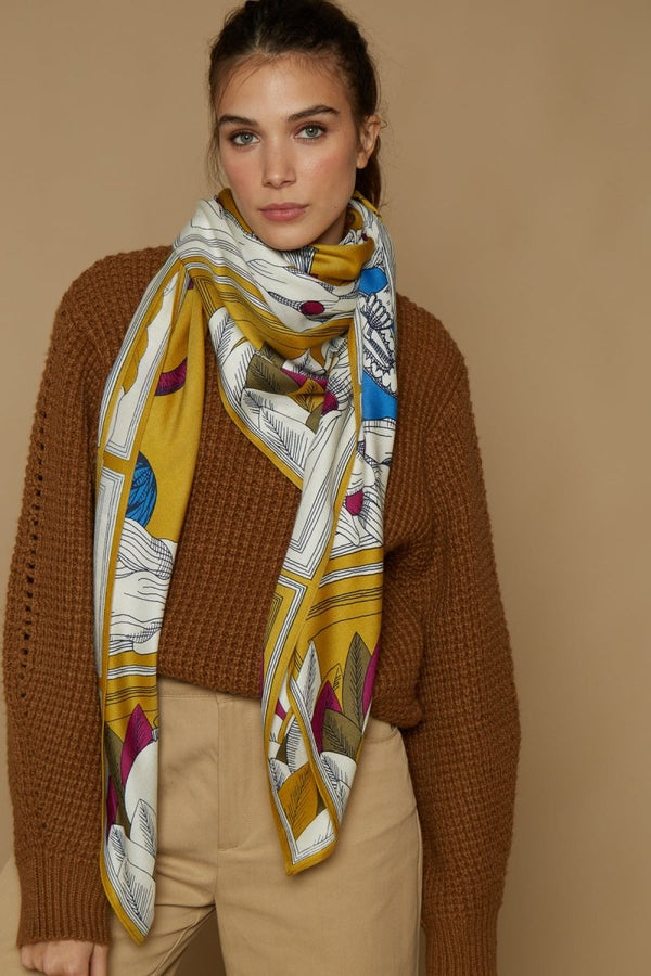Silk and Modal Square Scarf - Noël - Golden Brown - Inoui Editions Europe
