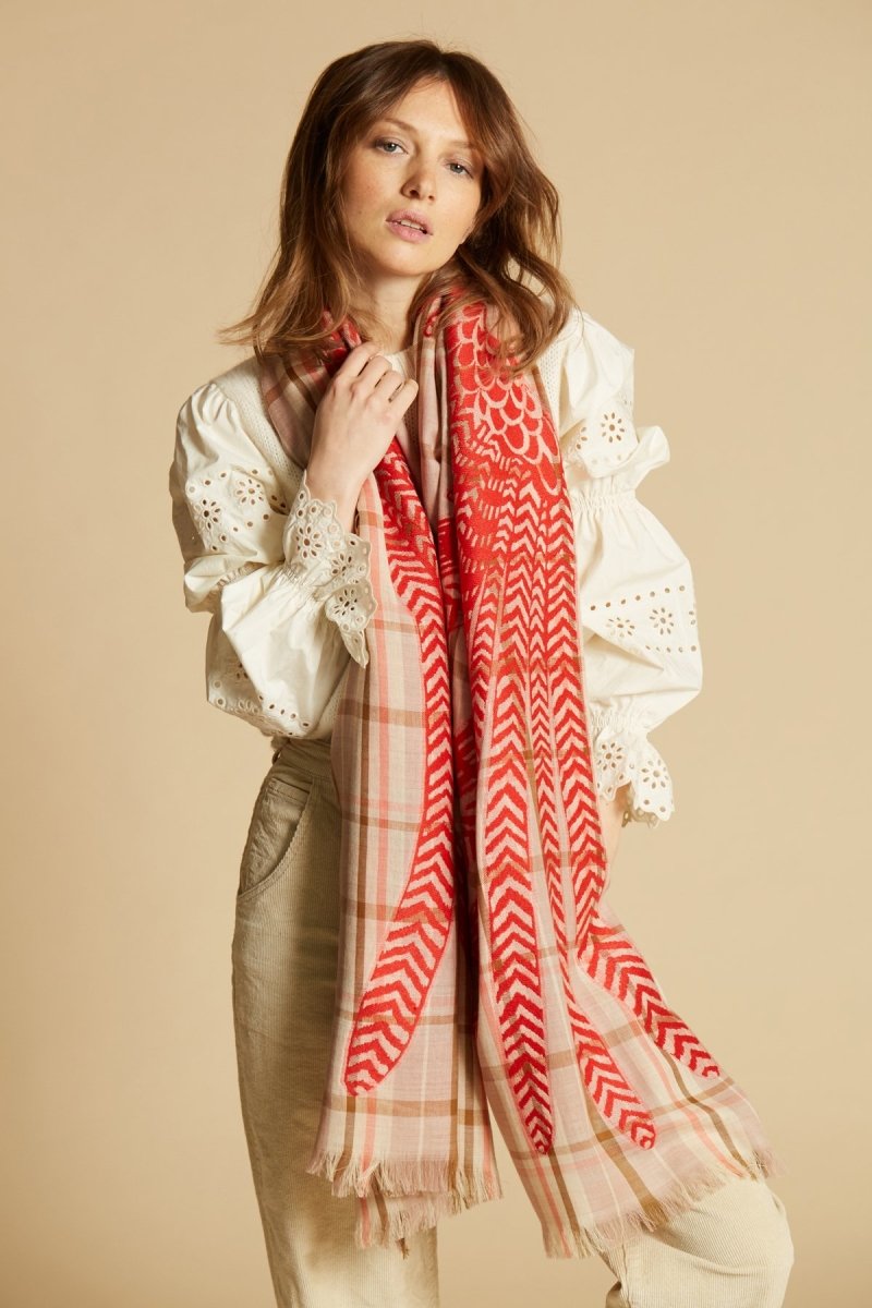 Wool and Cotton Scarf - Hedwige - Coral - Inoui Editions