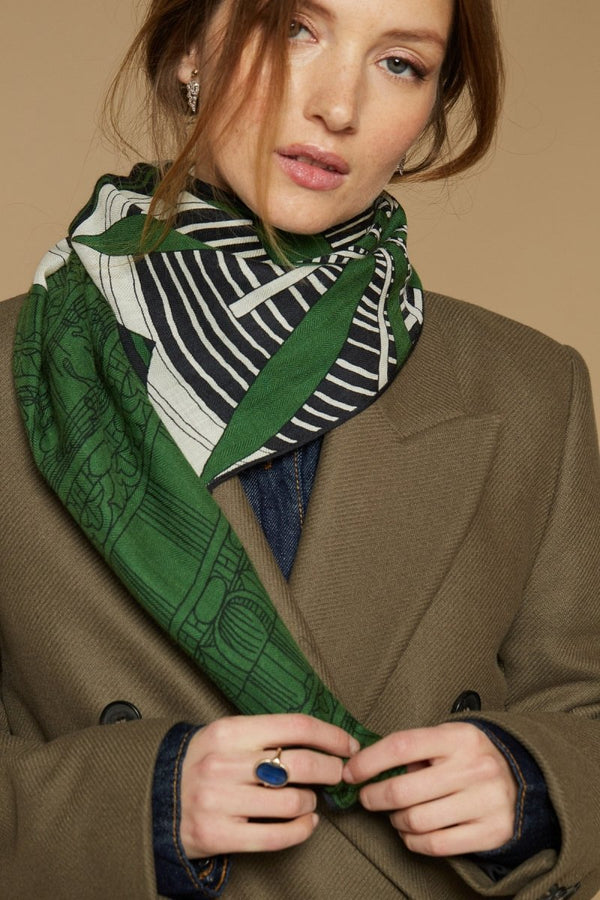Wool, Silk and Cashmere Square Scarf - Héraclès - Green - Inoui Editions Europe