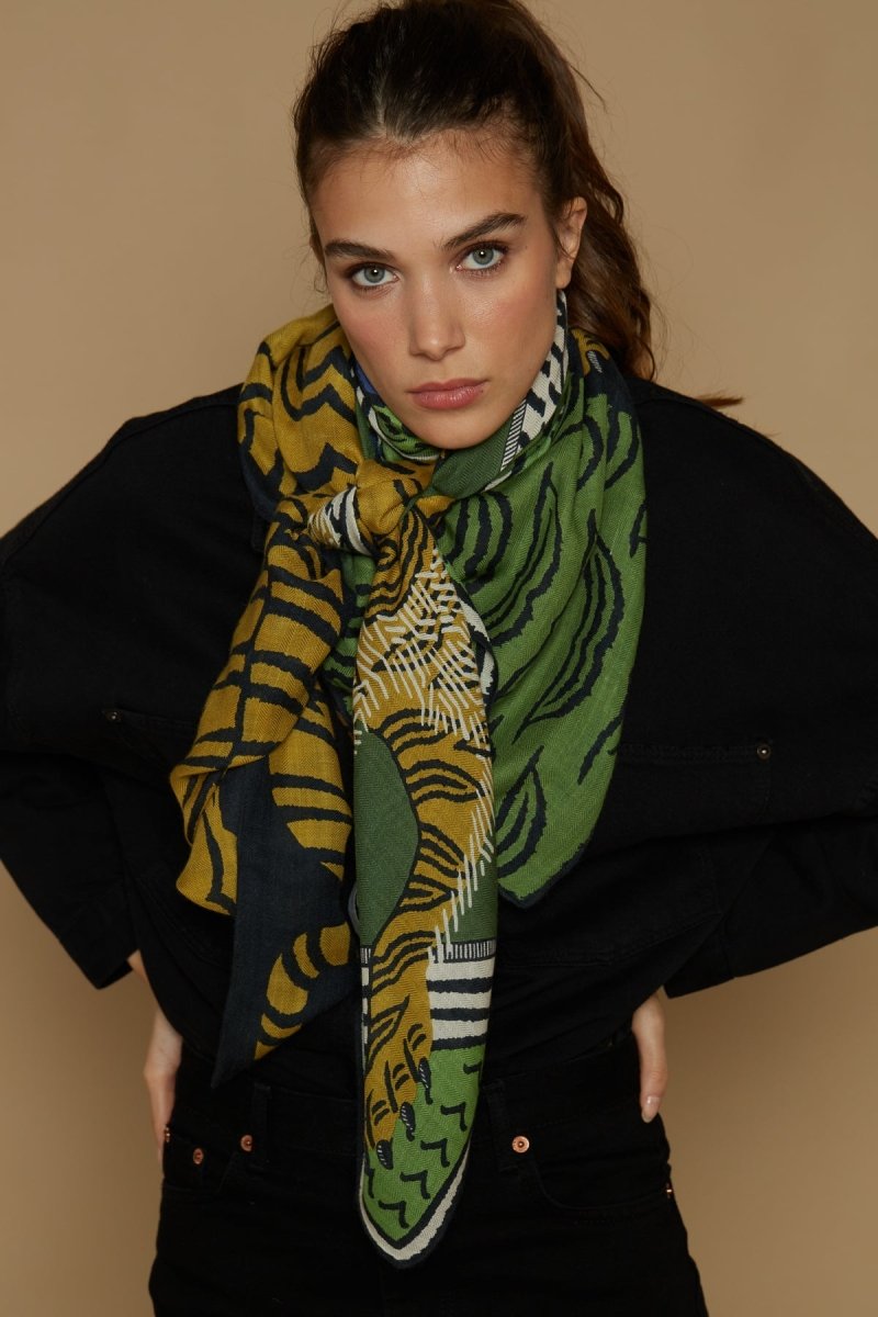 Wool, Silk and Cashmere Square Scarf - Mantra - Green - Inoui Editions Europe