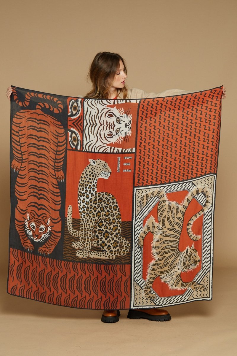 Wool, Silk and Cashmere Square Scarf - Mantra - Orange - Inoui Editions Europe