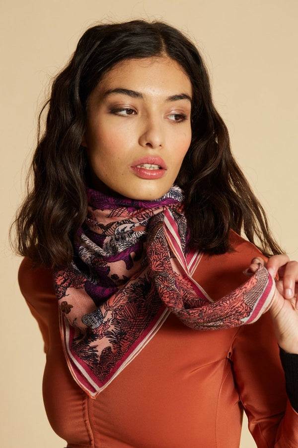 Wool, Silk and Cashmere Square Scarf - Mythologie - Pink - Inoui Editions Europe