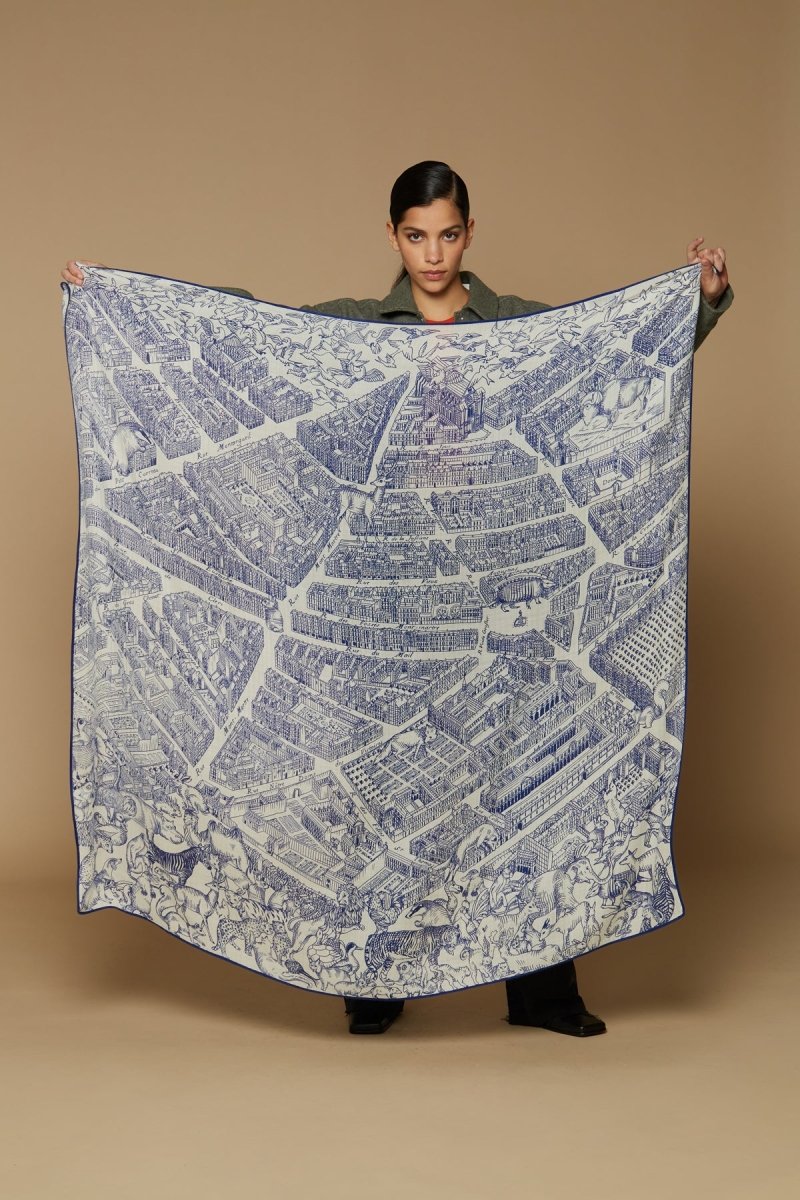 Wool, Silk and Cashmere Square Scarf - Turgot - Blue - Inoui Editions Europe